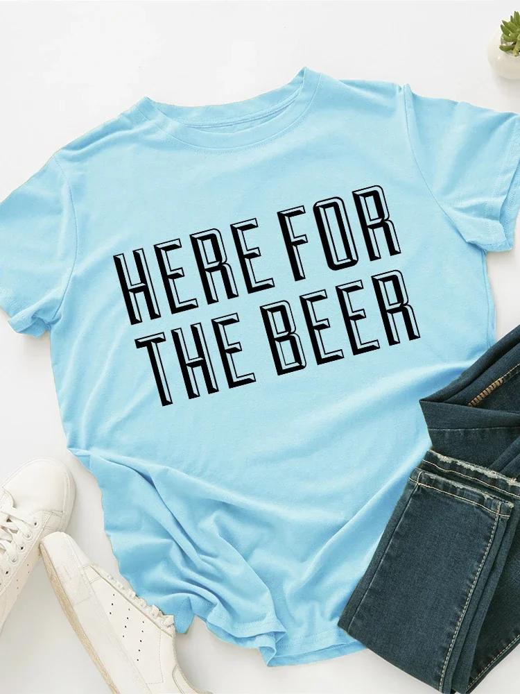 

ЗДЕСЬ ЗА ПИВОМ Принт с надписью Женская футболка с коротким рукавом и круглым вырезом Свободная Женская футболка Дамская футболка Топы Camisetas Mujer XXXL небесно-голубой