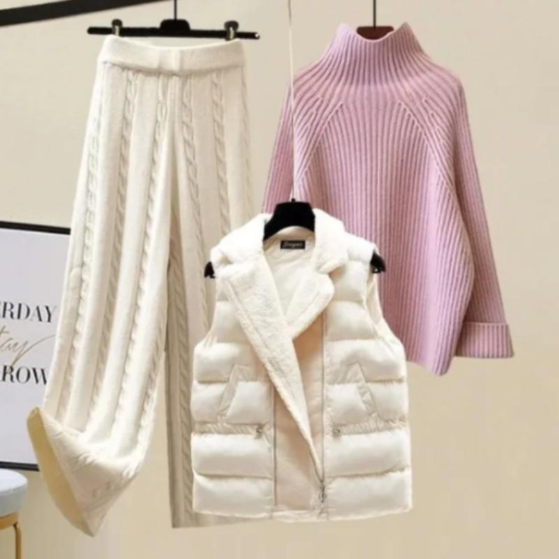 Women's Autumn and Winter Warm Suit Turtleneck Sweater + Hair Collar Cotton Vest + Tweed Casual Pants Three-piece Set