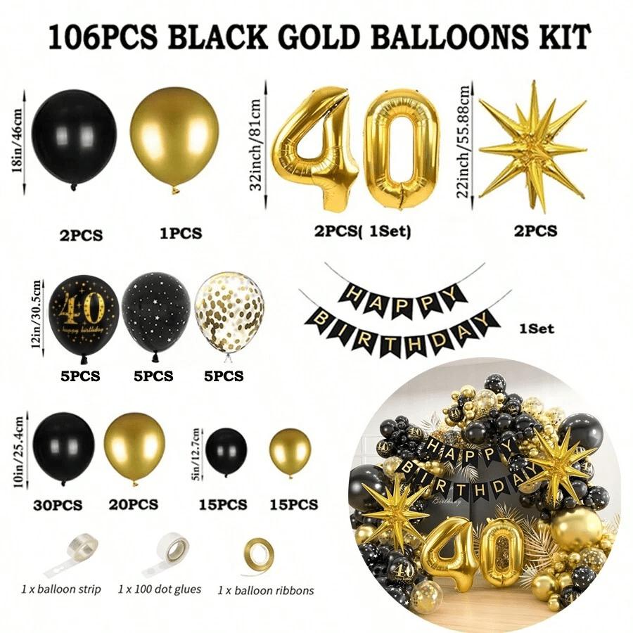 Black Gold 18 20 30 40 50 60th Birthday Balloon Set Happy Birthday Banner Number Balloon Arch Kit Party Decorations