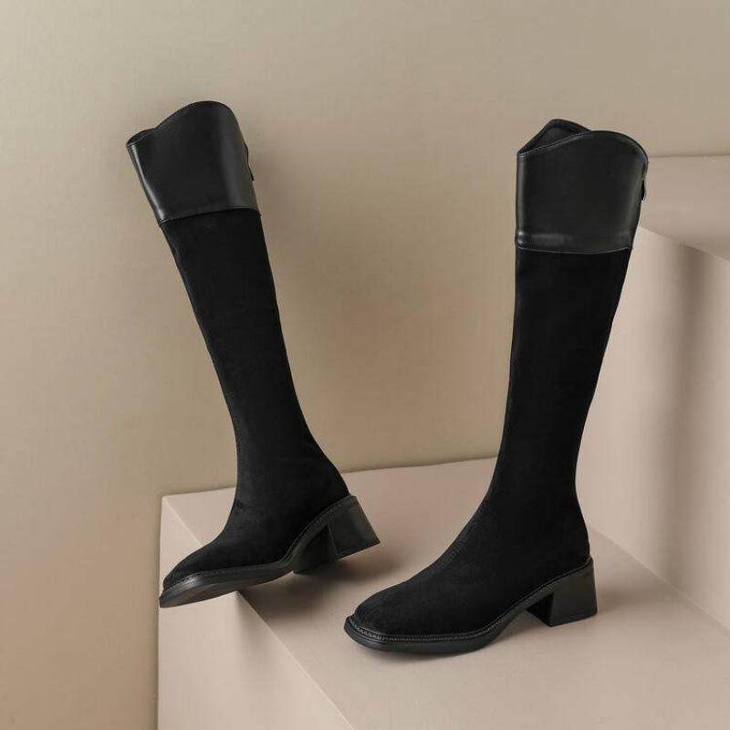 Korean Version of the New Medium-heeled High Boots, Comfortable Square-heeled Thick-soled Non-slip Leather Boots, Zipper Solid-color Martin Boots Aft