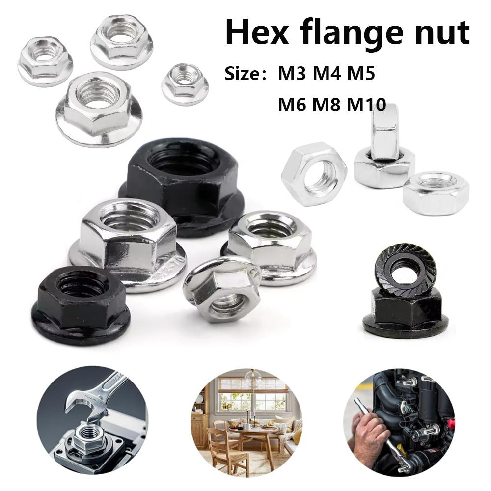 5/10/25/50/100pcs Hex Flange Nuts M3 M4 M5 M6 M8 M10 Black and White Zinc Plated Carbon Steel Metric Hex Nuts