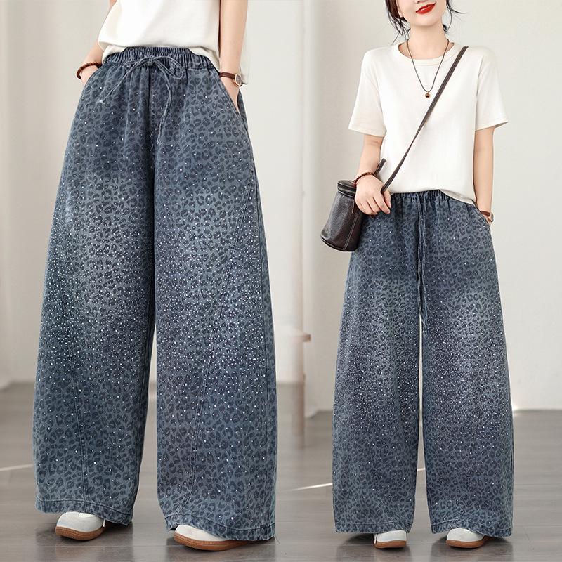 Leopard Print Rhinestone Plus Size Wide-Leg Denim Pants - Elastic, Loose, Slimming, Versatile Casual Wear