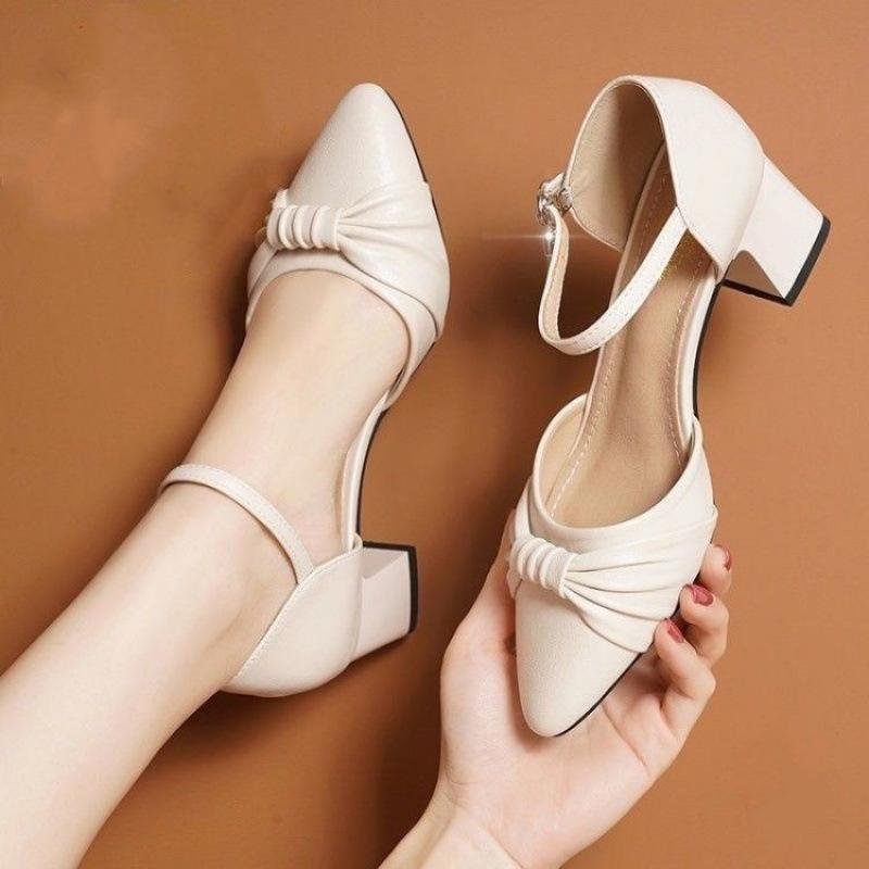 Famous Brand Leather High-end Summer Women's Shoes Bag Head High-heeled Sandals Women's 2025 New Medium Heel Thick Heel Temperament Single Shoes