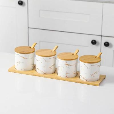 Kitchen seasoning tools ceramic seasoning jar set marble pattern cruet bamboo tray kitchen supplies seasoning box salt shaker