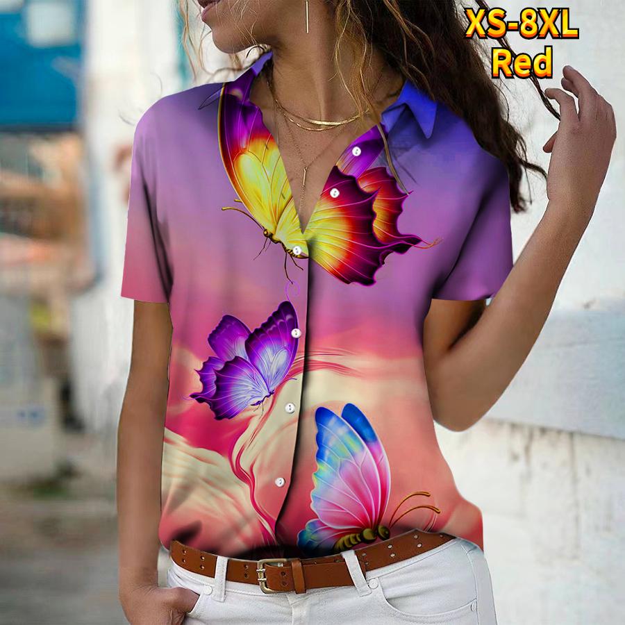 2025 Summer New Fashion Women's Butterfly Printed Short Sleeve V-neck Casual Button-down Shirt Top