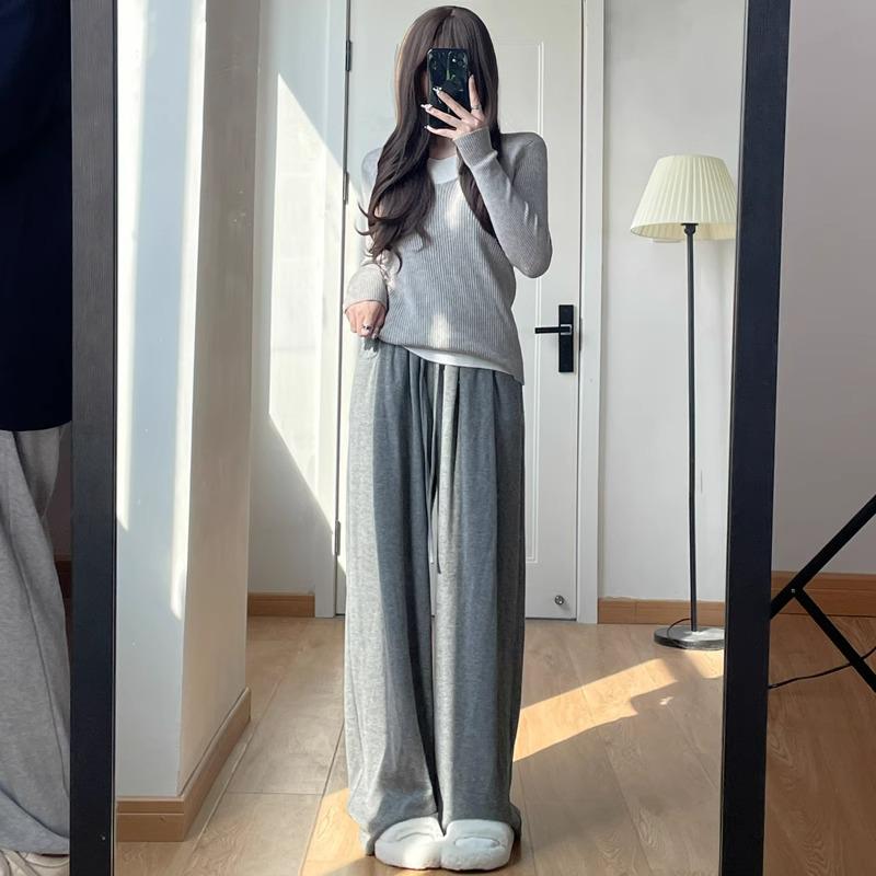 

Женские трикотажные брюки с высокой талией и широкими штанинами Petite 145 - Весенне-осенние повседневные брюки свободного кроя с прямыми штанинами из клейкой рисовой ткани 150. L (106-115 lbs)