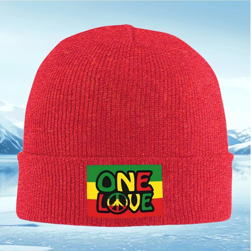 One Love peace sign reggae colors Unisex Women Unisex Knitted Hat Beanie Pullover Cap Winter Thermal Warm Christmas Outdoor Cycling