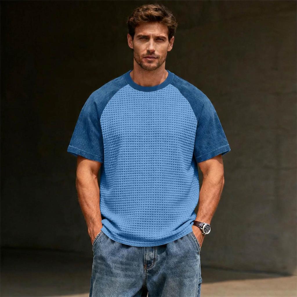 Men's Casual Lightweight Waffle Knit Raglan Short Sleeve Crew Neck Shirt Loose Fit Big Size Top for Everyday Wear