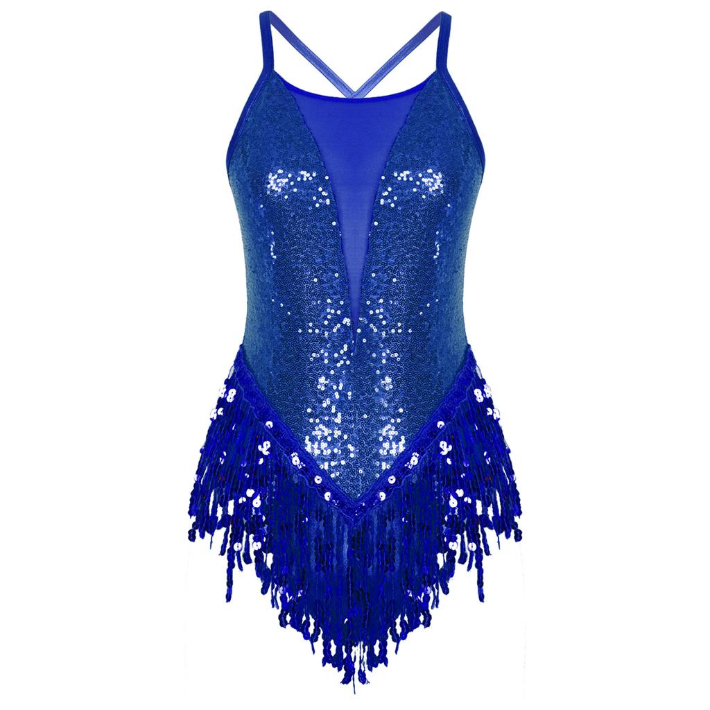 Womens Latin Dance Costume Sparkling Sequins Fringed Leotard with Elegant Cross Back Bodysuit Design