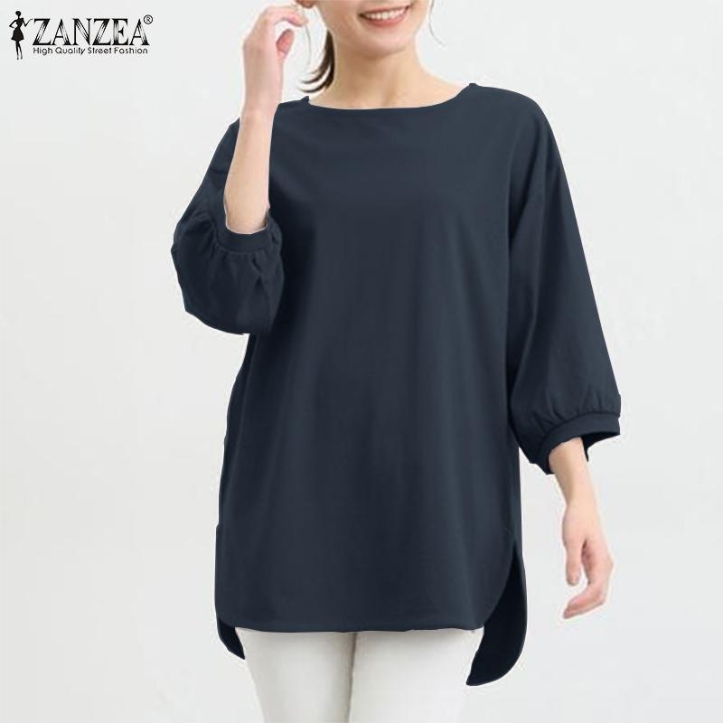 

ZANZEA Женская повседневная свободная блузка с круглым вырезом и рукавами 3/4 и боковым разрезом