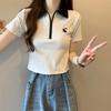 Front Shoulder POLO Neck Short Sleeve T-Shirt Women's Summer New Half Zipper Lapel High Waist Skinny Short Top