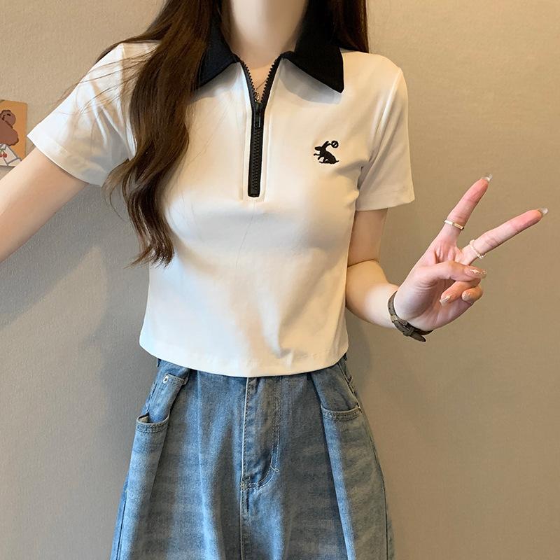 Front Shoulder POLO Neck Short Sleeve T-Shirt Women's Summer New Half Zipper Lapel High Waist Skinny Short Top