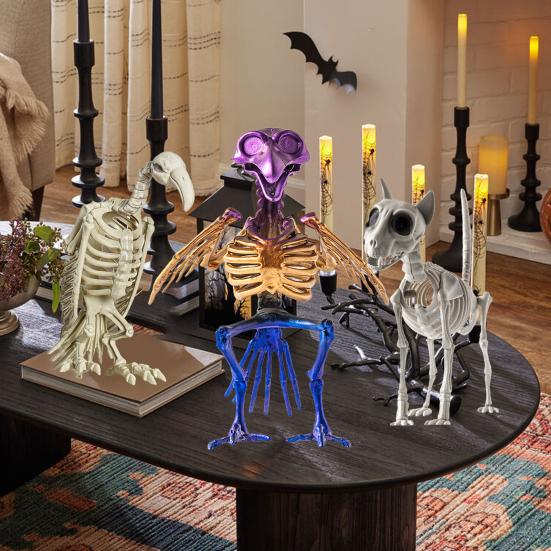 Halloween Skeleton Animal Decoration Creepy Cat/Dog/Bird/Rat/Goat Head Plastic Bones for Courtyard Graveyard Halloween Decor