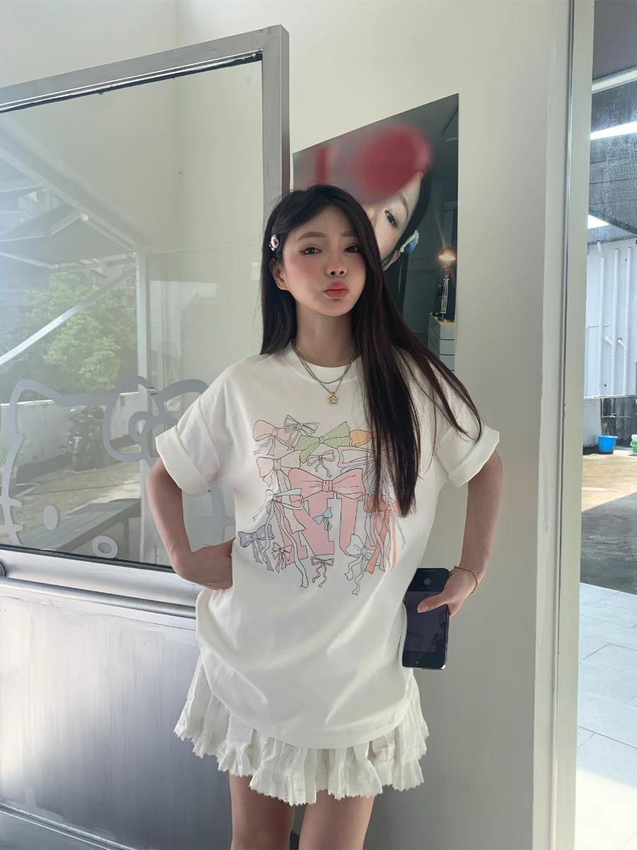 

American Retro Bow-Print White Cotton Crew Neck T-Shirt - Summer Loose Slim Fit M
