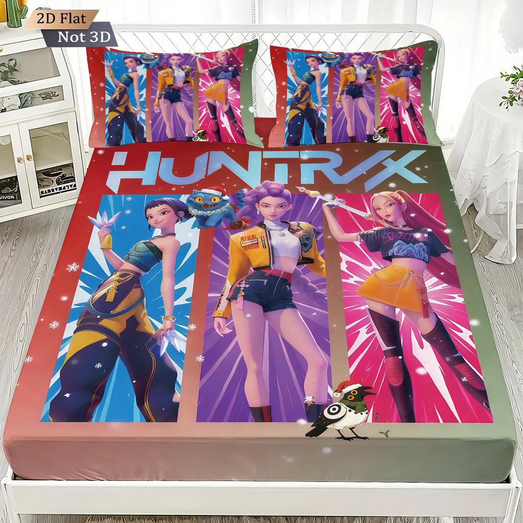 3Pcs K-Pop Demon Hunters Printed Chipless Bed Sheet Set With Multiple Sizes Bed Cover Bedding Decoration Machine Washable