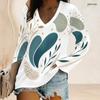 Women Plus Size V Neck Long Sleeve Abstract Printed Casual Top With Pockets Curved Hem