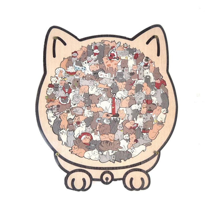 135pcs Cat-shaped Wooden Jigsaw Puzzle Unique Irregular Puzzle Pieces Game Birthday Xmas Gifts for Cat Lovers Home Decorations