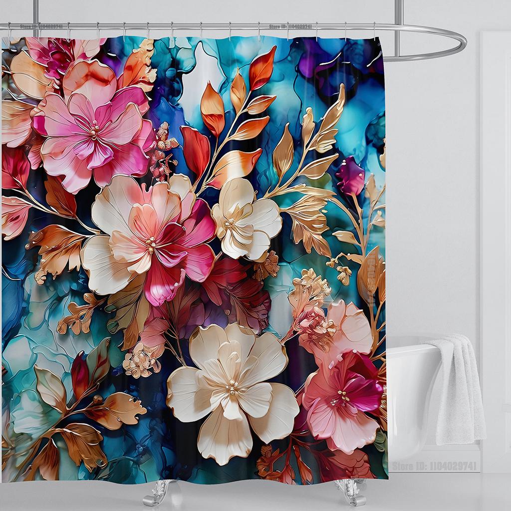 3D Flower Shower Curtain Set Colorful Printing Design Fabric Bathroom Decoration Waterproof Washable Shower Curtain With Hooks
