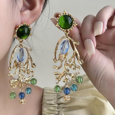 French Court Style Stud Earrings Female Retro Crystal Fringed Ethnic Style Earrings Medieval Flash Diamond Branch Earrings