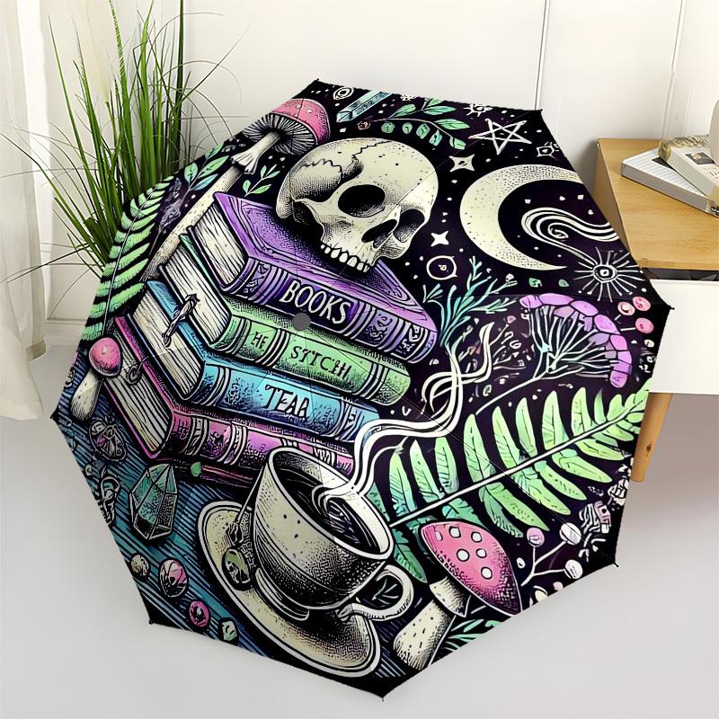 

1pc Steampunk Books and Skulls Umbrella with Plastic Handle,Vibrant Cartoon Pattern,Multi-functional UmbrellaB2027