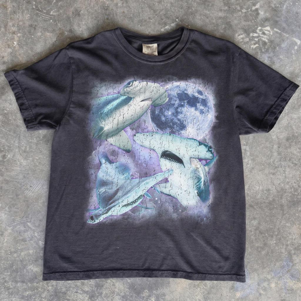 Distressed Shark Howling Moon Graphic Tee, Ocean Marine Life T-Shirt