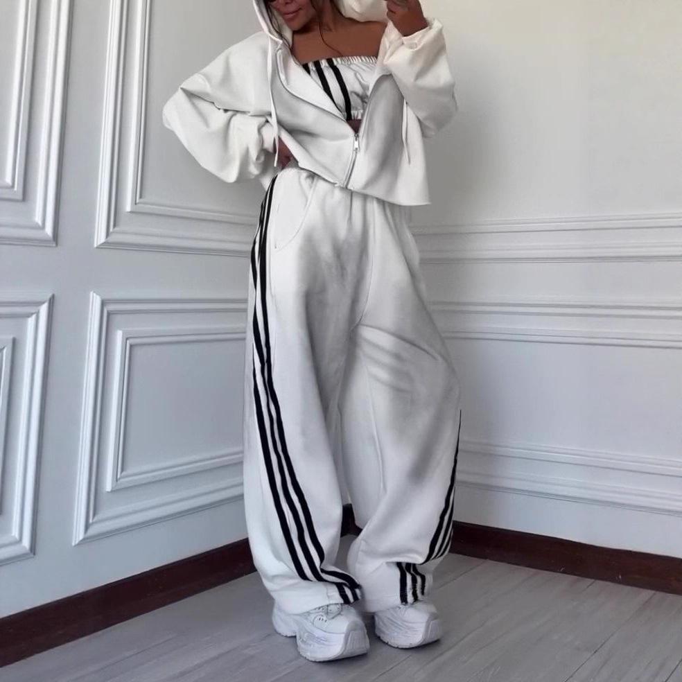 2025 Cross-border European and American Women's Clothing Amazon Sports Long-sleeved Hooded Zipper Casual Pants Commuter Fashion Suit
