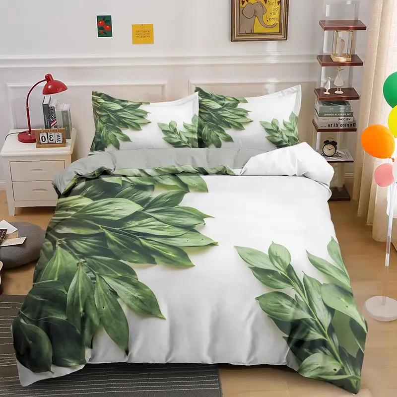 Tropical Botanical Leaves King Queen Duvet Cover Green Palm Leaves Polyester Bedding Set for Kids Teens Adults with Pillowcase