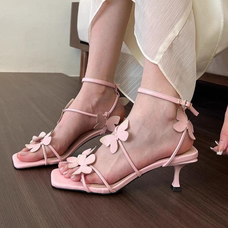 Fashion Womens French Butterfly Open-toed High Heel Sandals Womens Fashion Versatile Outdoor Leisure Medium Heel Sandals Sandalias Mujer