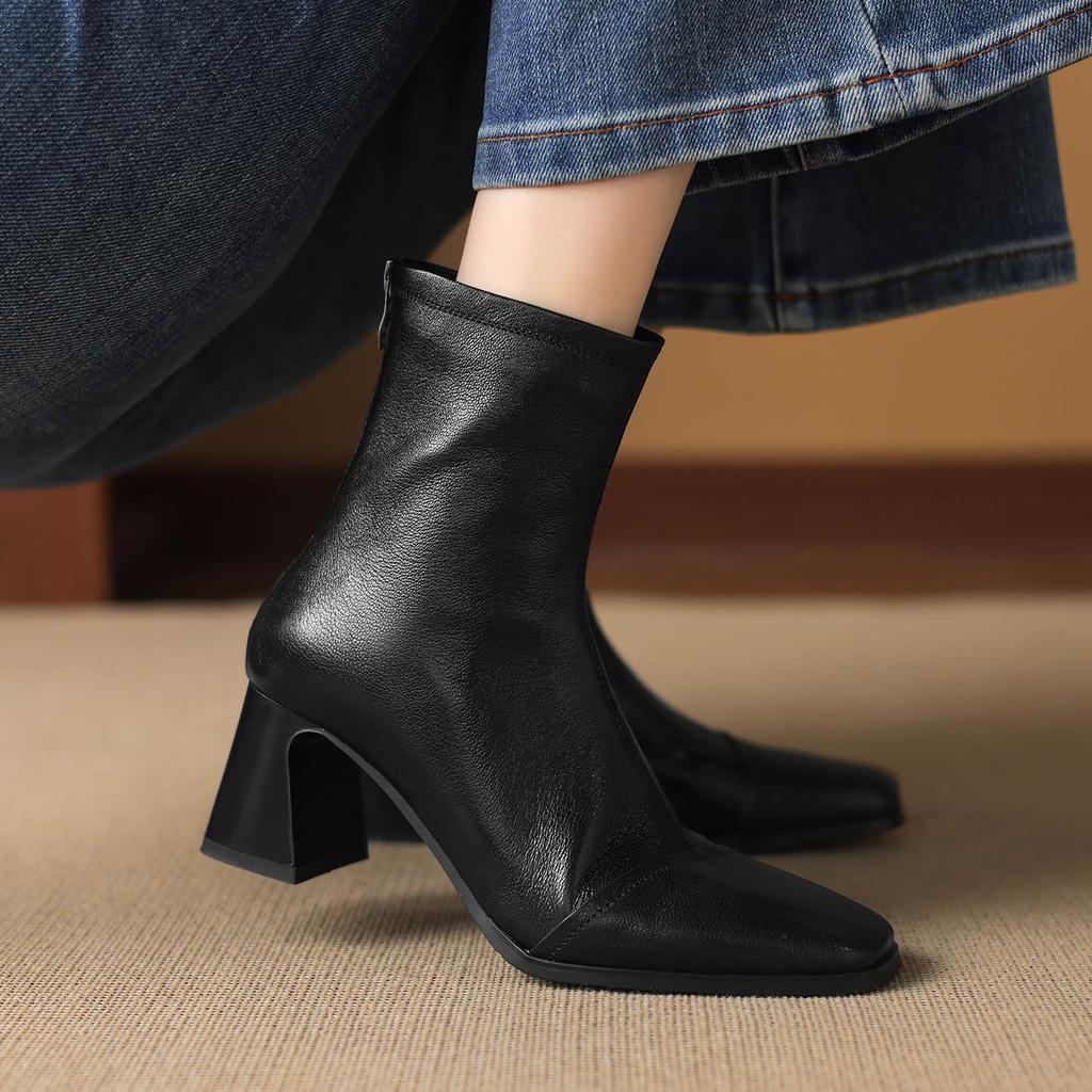 Krazing Pot Sheepskin Winter Square Toe Modern Boots Thick High Heels Zipper Women Ankle Boots