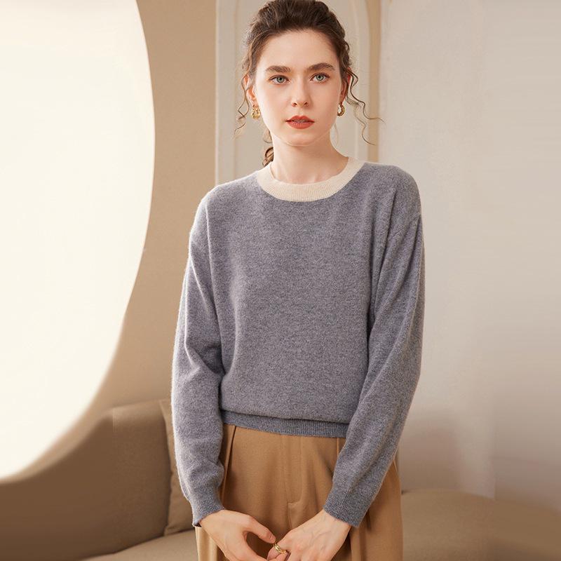 2024 A/W Women's Cashmere Knit Base Layer: Long Sleeve, Round Neck, Color Block, Warm, Comfortable Sweater