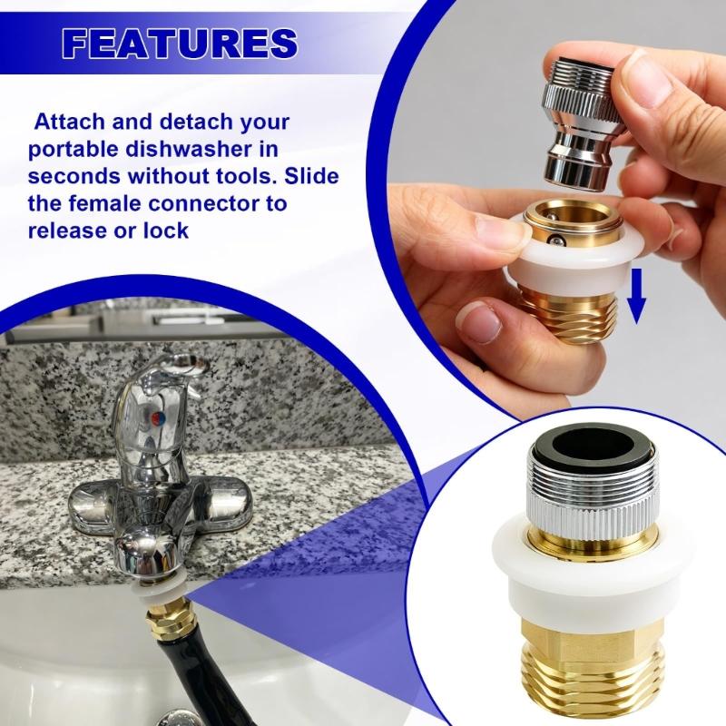 Snap Coupling Dishwasher Hose Adapter Replacement, Brass Snap Collar Fitting with Removable Aerator Compatibility, 15/16 In-27 or 55/64 In-27 to 3/4