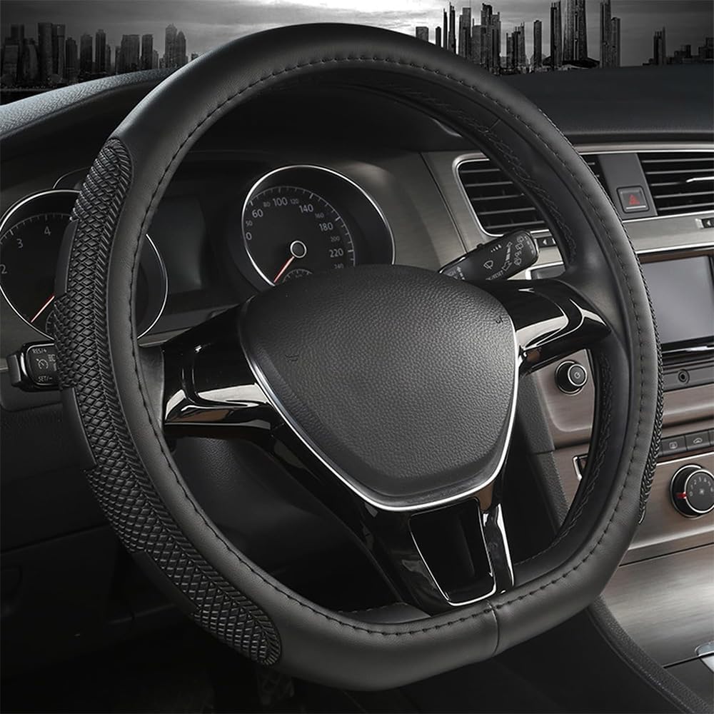 D Shape Steering Wheel Cover,Universal 14.5-15 Inch Car Black Leather Steering Wheel Wrap with Better Sport Grip for Men Women,Fit D Shaped Flat