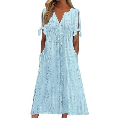 Women's Summer Maxi Dress Boho Eyelet Button V Neck Tie Knot Short Sleeve Midi Dress Summer Beach Vacation Sundress