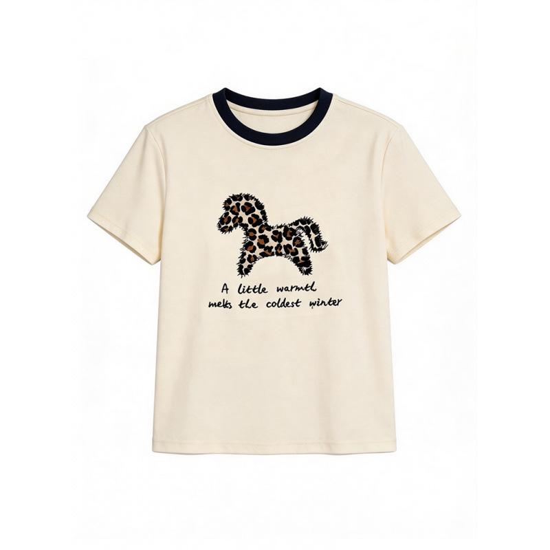 

Women s Slimming Loose Fit Color Block Leopard Print Embroidered T-Shirt Medium бежевый