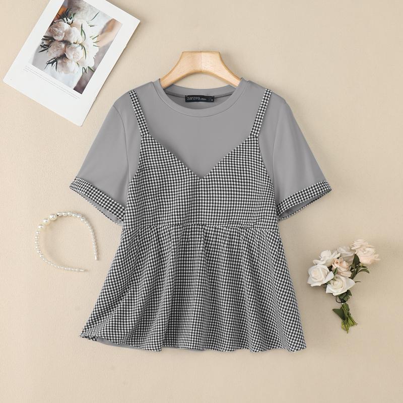 

ZANZEA Women Casual Grid Print Patchwork Summer Short Sleeve T-Shirt S чорний