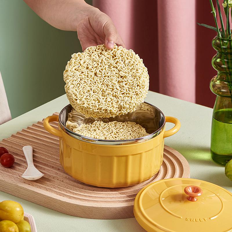 Nerezová miska s víčkem a lžičkou, dvojitá izolace, velkokapacitní miska na ramen polévku, nudle, ovocný salát, sada kuchyňských nástrojů