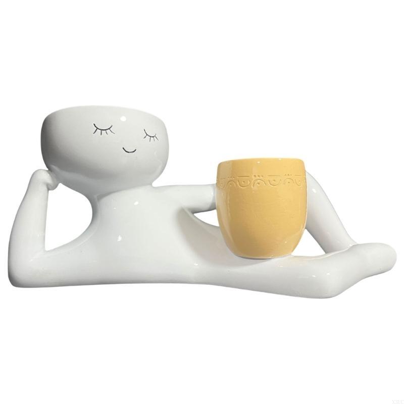 Plant Pot Fun Lazy Guy Figurines Desktop Ornament Planter Statue Craft X3UC