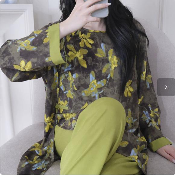 Spring/Summer new cotton silk new Chinese floral print pajamas, women's frog button loungewear, cotton silk set, vintage national style