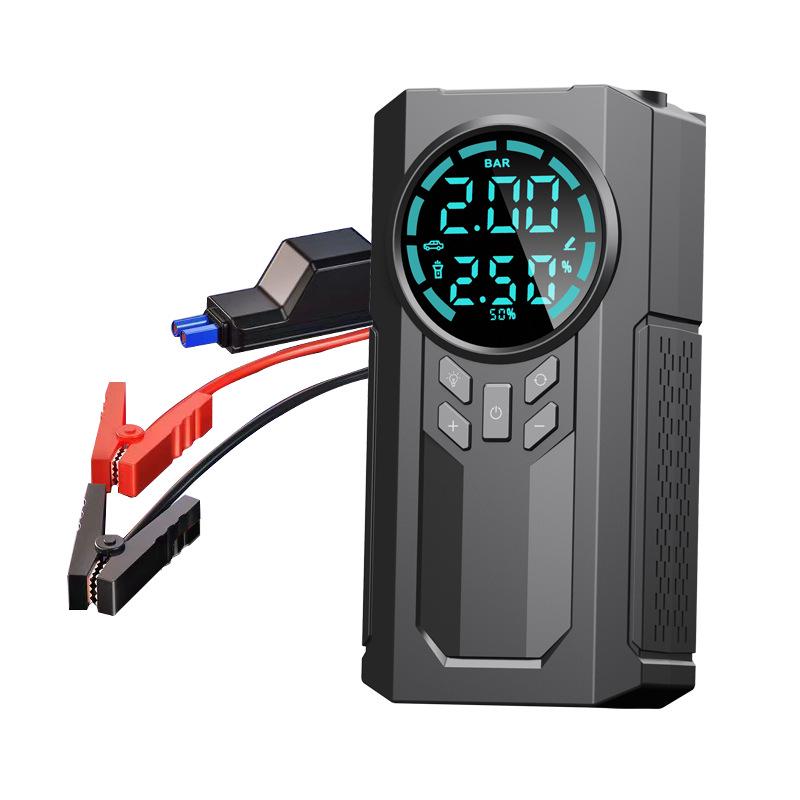 Car-Mounted Emergency Power & Inflator: Jump Starter, Wireless Charger, Tire Pump Combo.