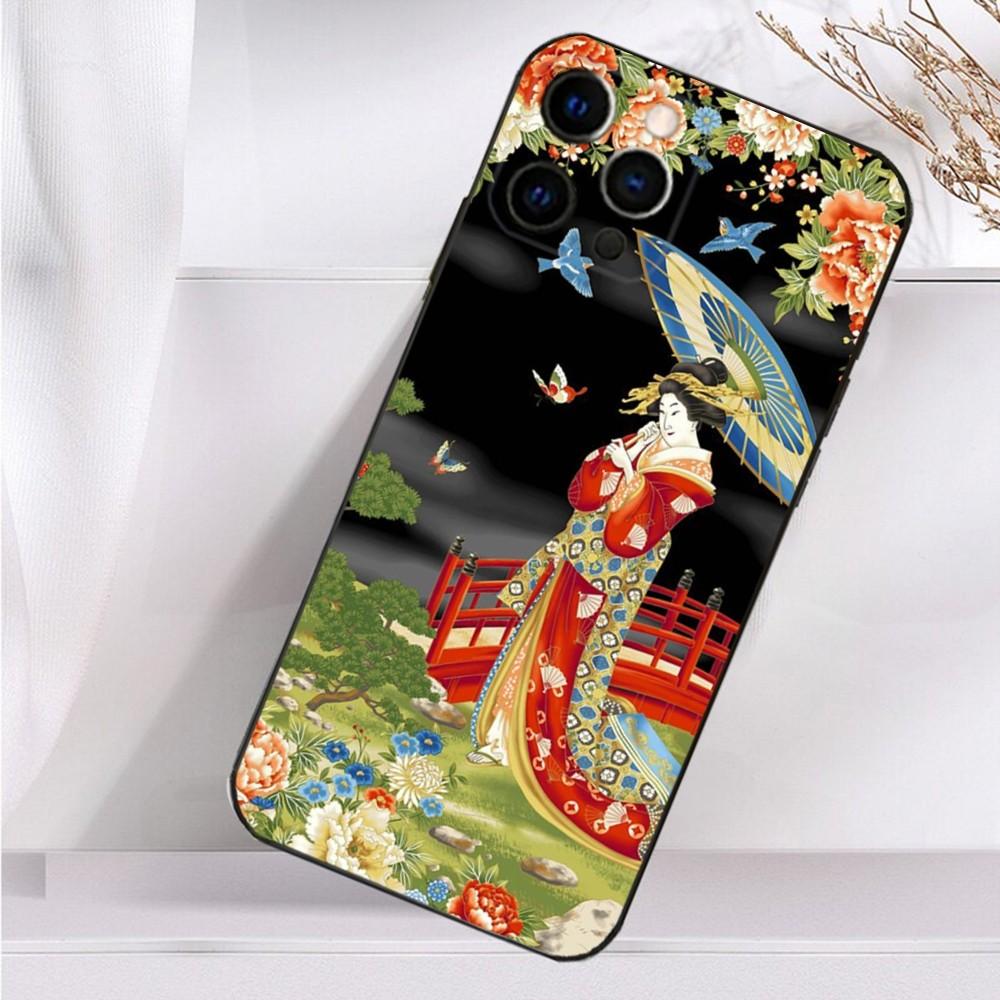 Japanese Geisha W-Woman Phone Case For iPhone 16,15,14,13,12,11 Plus,Pro Max,XS,X,XR,SE,Mini,8,7 Soft Silicone Black Cover