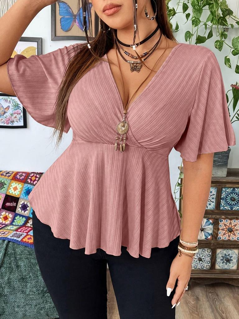 Top Casual Estivo da Donna Taglie Forti con Scollo a V e Maniche Corte