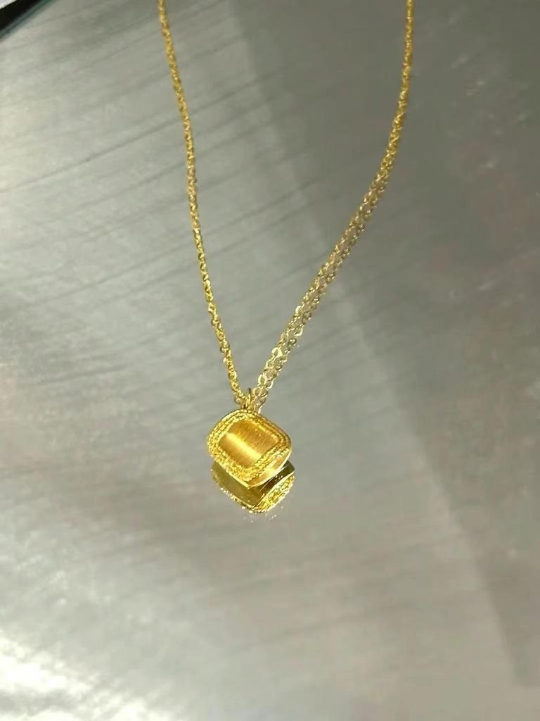 Zhou Family Small Yellow Sugar Cube Necklace with Gold Brushed Finish On Square Link Chain and Imitation Vietnamese Sand Gold Pendant