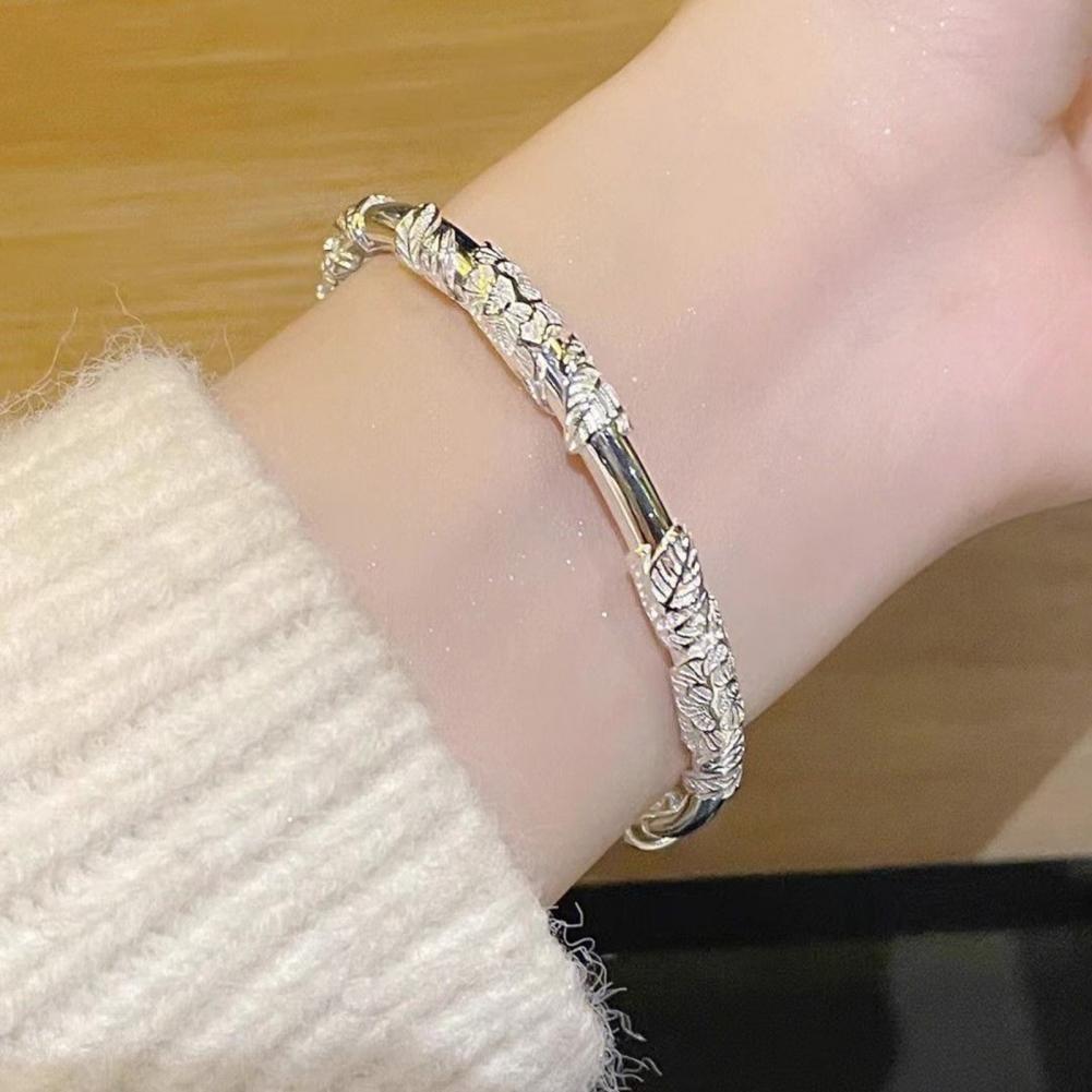 Alloy Bracelet Chinese Style Silver Flower Emboss Women's Bangle Adjustable Wrist Jewelry Lightweight Anniversary Gift Wristband