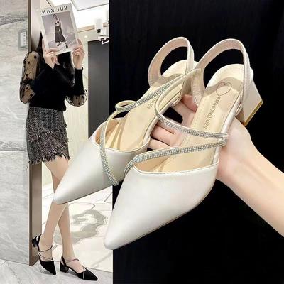 Pointed Rhinestone Sandals Women's Summer French Thick Heel High Heels Retro Single Shoes Femininity Spring