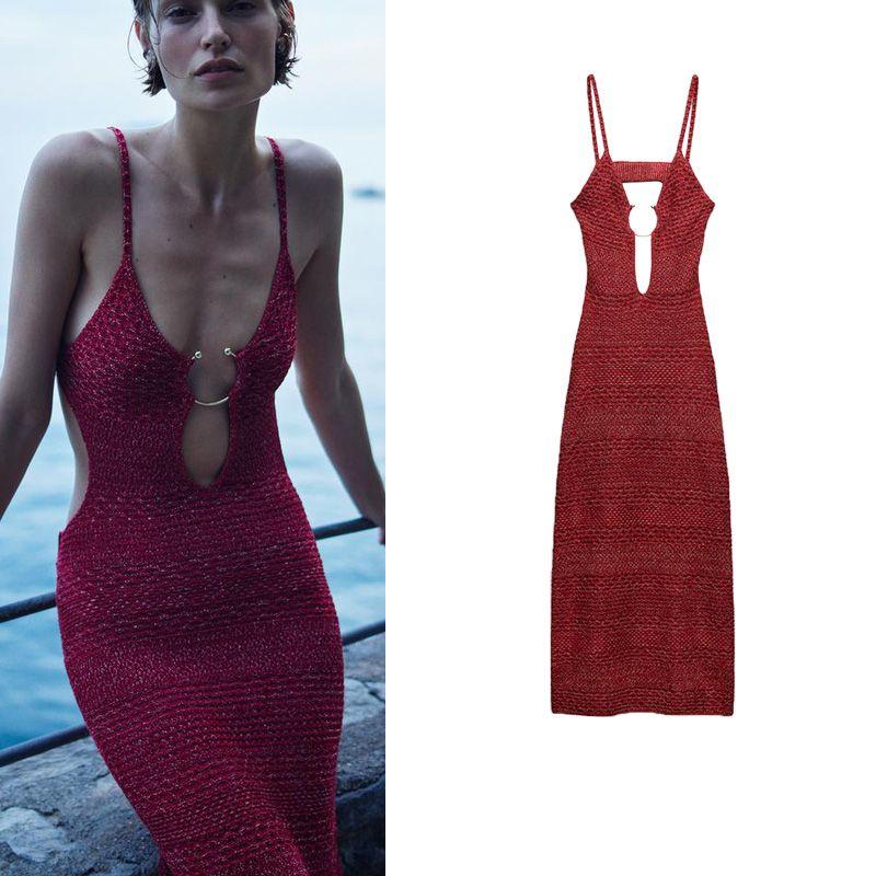 Spring New European and American Hot Sexy Deep V Neck Open Back Open Buckle Knitting Sling Dress 2756023
