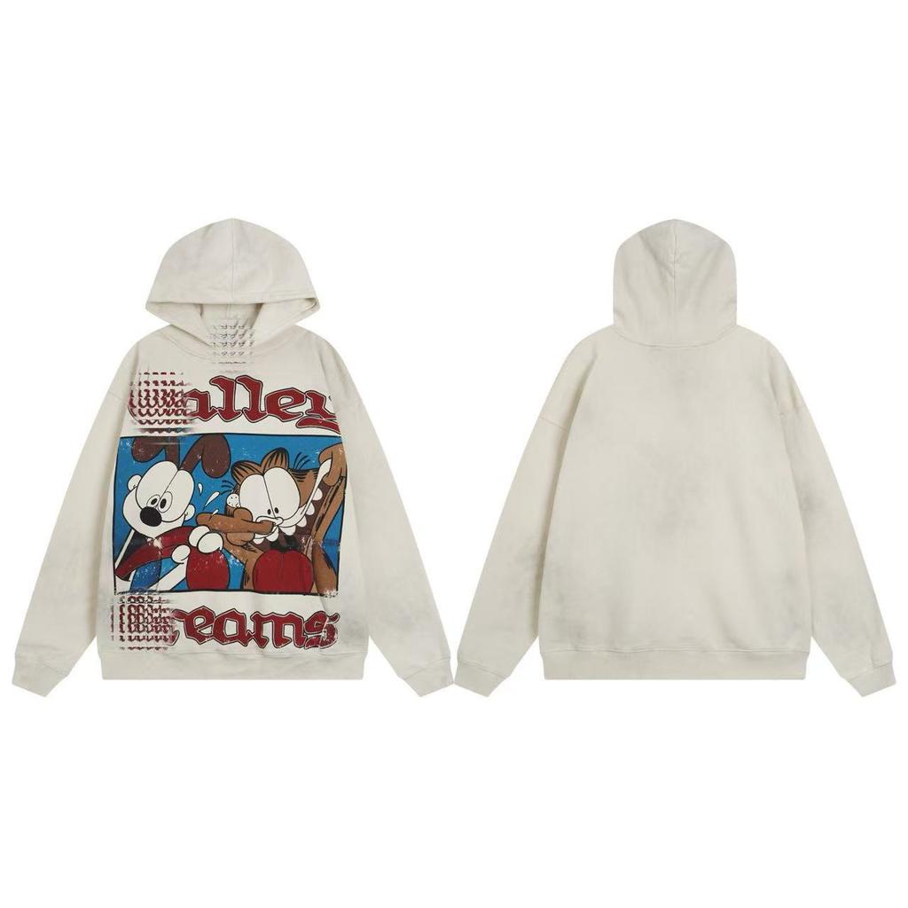 25SS high quality VAL beauty high street retro washing water old white ink direct injection hoodie men and women the same sweater