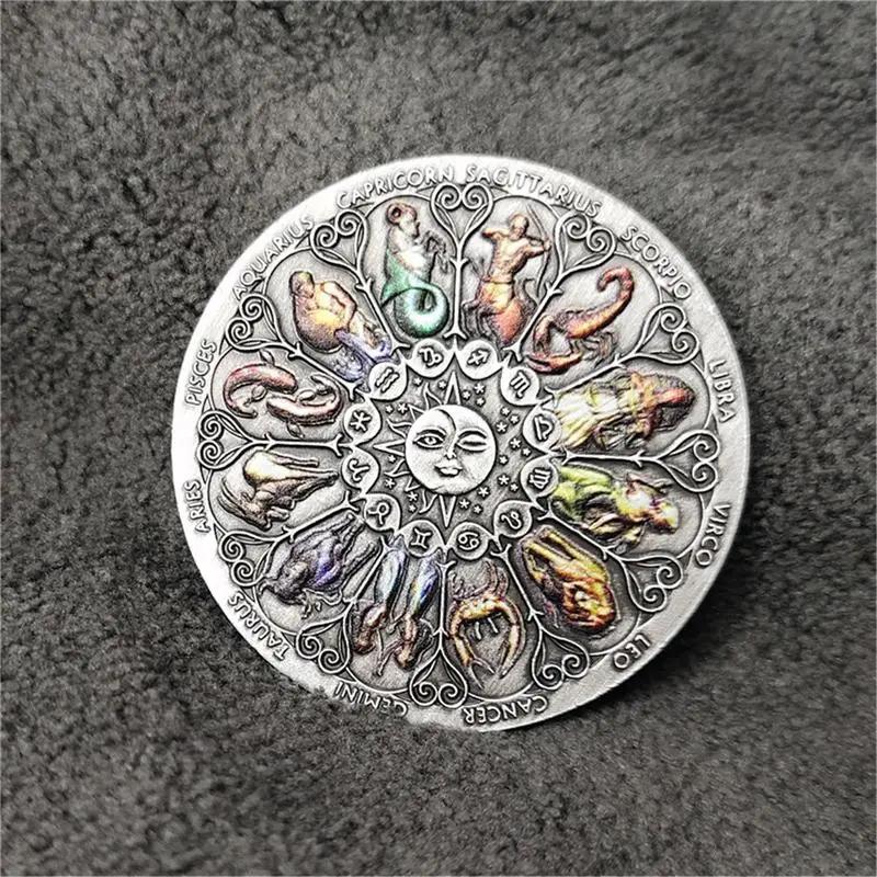Twelve Constellations Silver Challenge Coin Tuvalu High Relief Antique Silver Coin Colorful Souvenir Coins Collectible Gift Coin