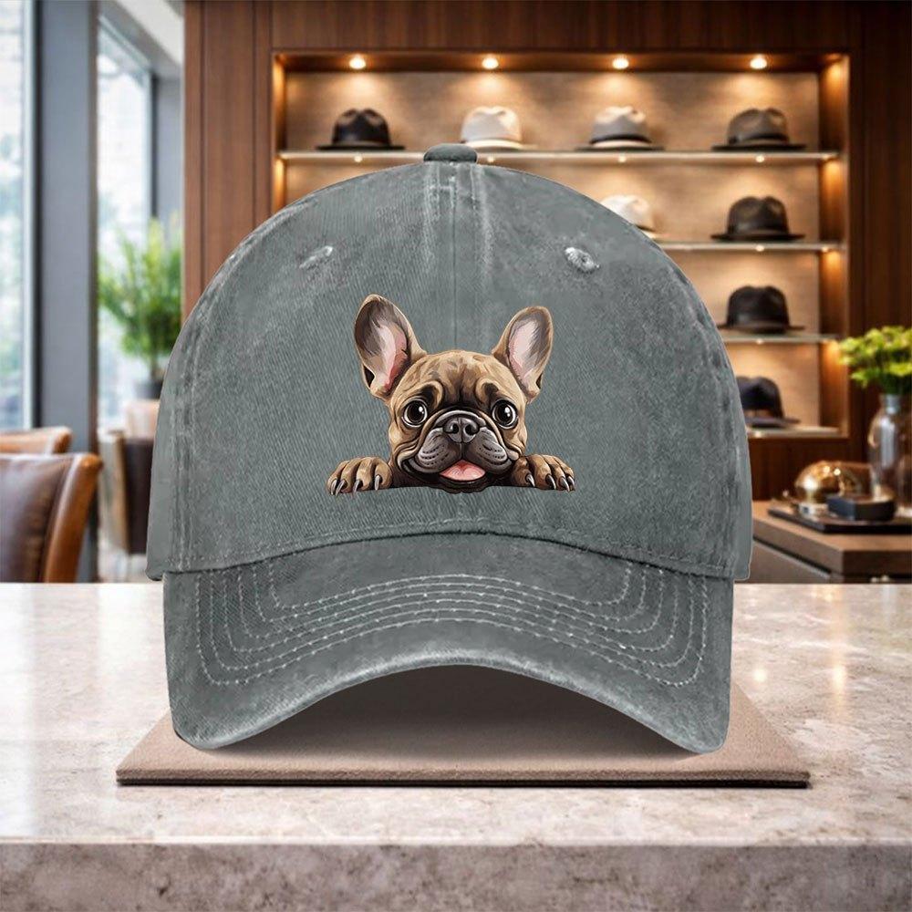 French Bulldog Print Baseball Cap Washed Denim Adjustable Casual Outdoor Trendy Hat