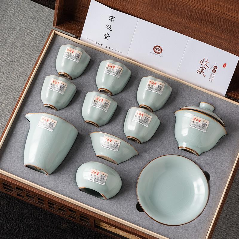 High-end Tianqing Ru kiln Kung Fu tea set, cover bowl tea cup, light luxury master handmade business gifts