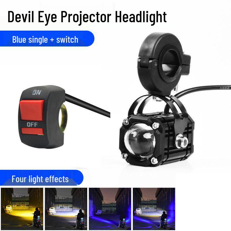 High-Intensity LED Motorcycle Spotlight with Four-Color Devil Eye and Strobe for Electric Vehicles - Adjustable High/Low Beam